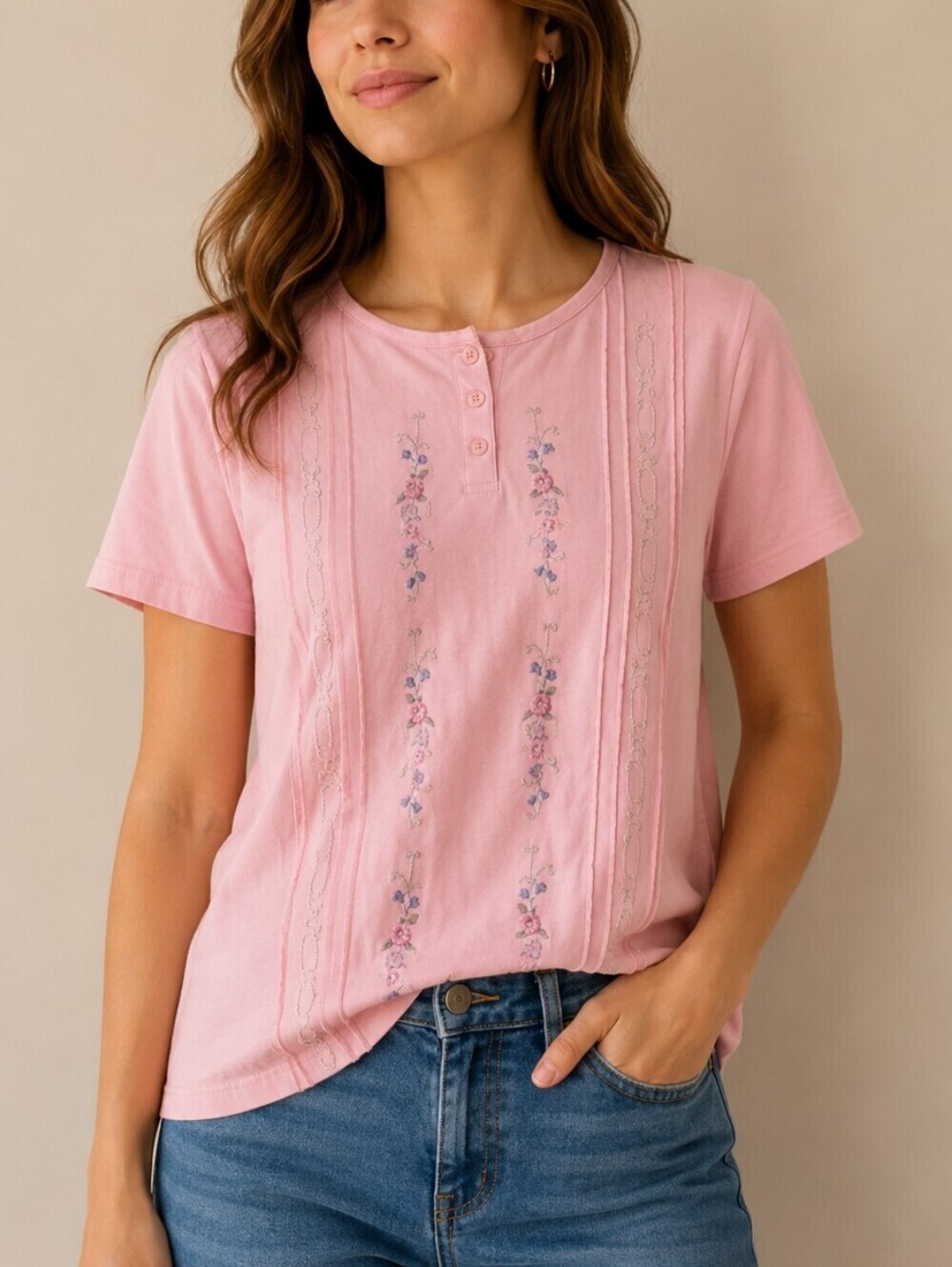 VTG BOBBIE BROOKS Cottage Pastel Pink Floral Embroidered Pintucked Blouse